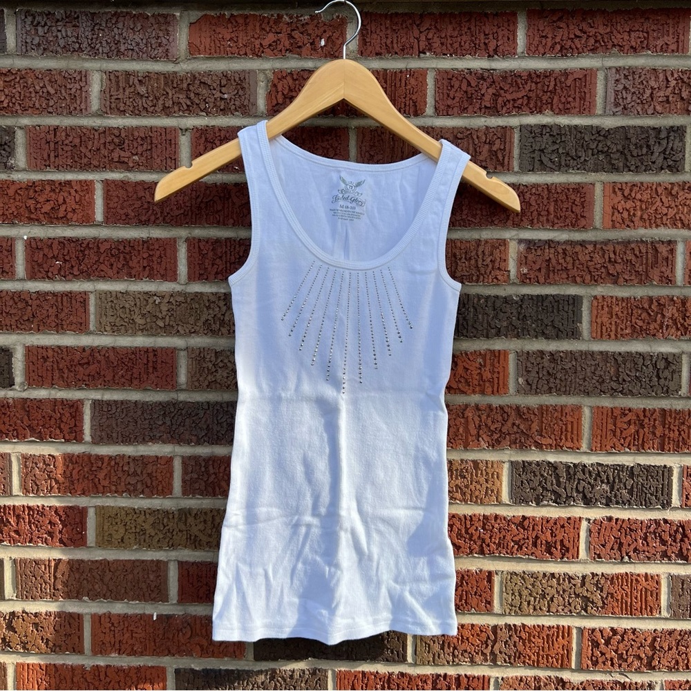 Faded Glory White and Silver Rhinestone Bedazzled Scoop Neck Tank Top